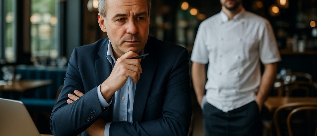 A man in a navy suit sits at a wooden table with a laptop, thinking with a pen to his lips in a cafe; a waiter stands behind him.