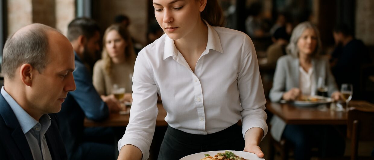 Waitress in a white shirt serves plates of pasta to a seated man in a busy restaurant interior.
