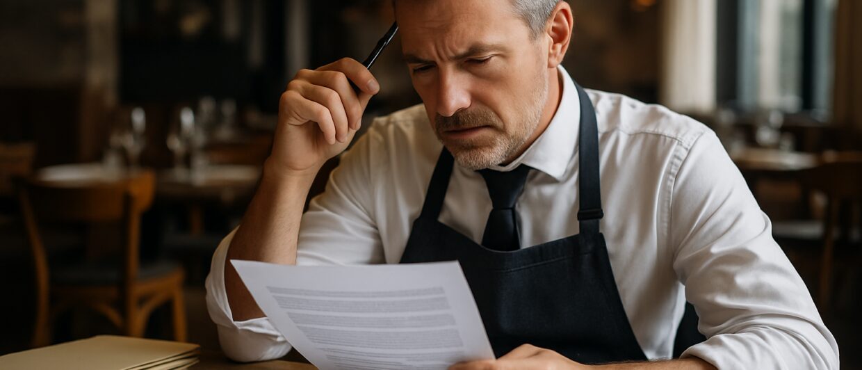 A stressed waiter in a white shirt and black apron reads a document at a dining table, holding a pen to his temple.