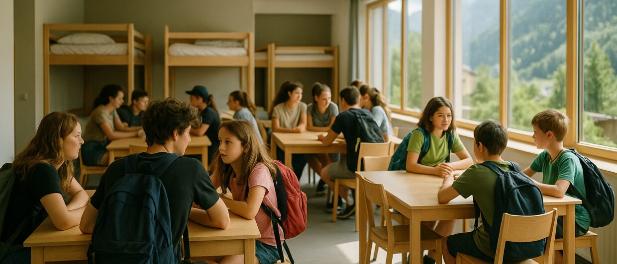 Modernisierter Aufenthaltsraum einer Jugendherberge mit Reisenden und Schulgruppen