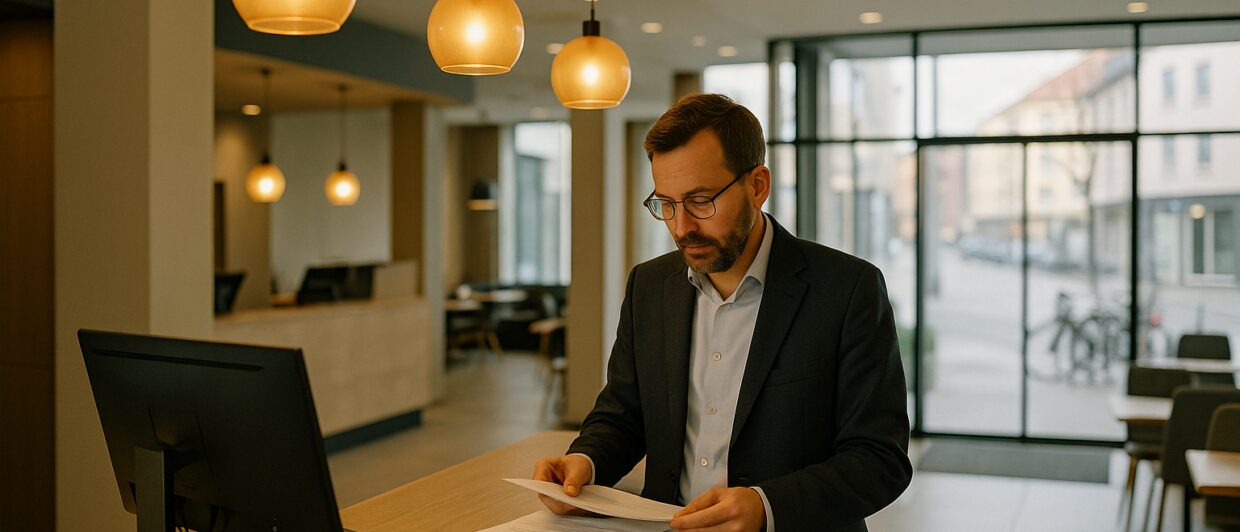 Hotelmanager an der Rezeption eines modernen Budget-Hotels in Deutschland