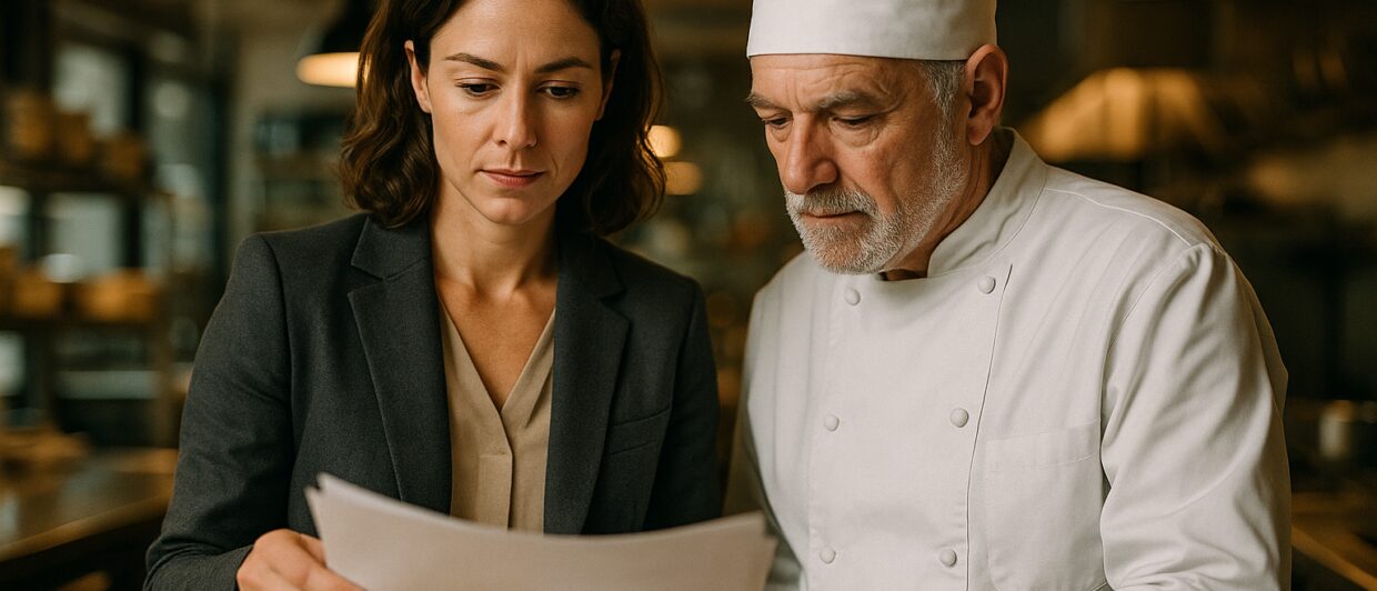 Führungskraft und Küchenchef besprechen operative Unterlagen in einem modernen Restaurantbetrieb