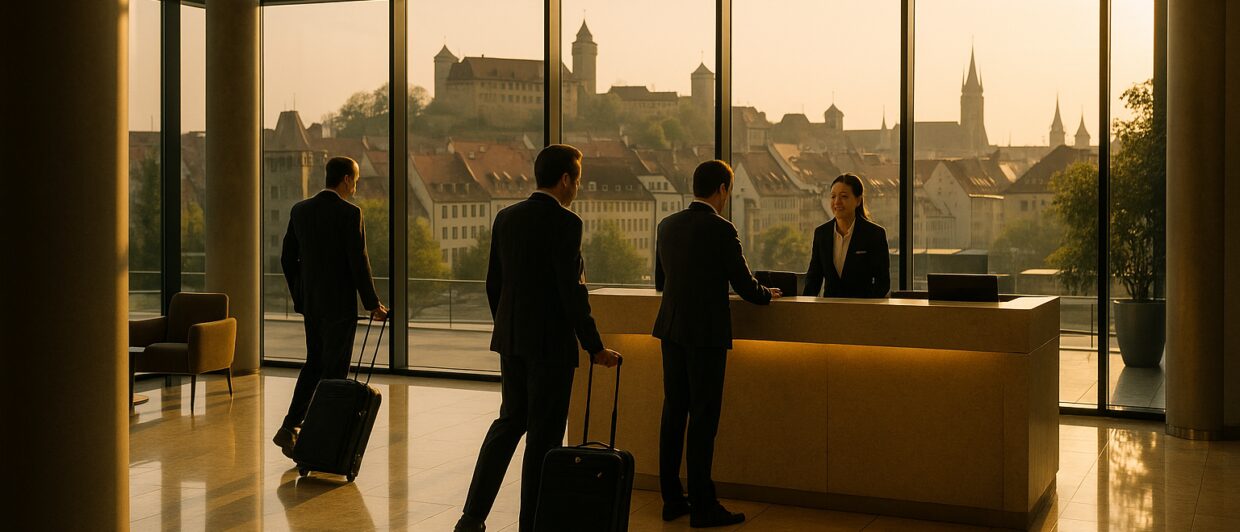 Hotellobby in Nürnberg mit Blick auf die Kaiserburg im Hintergrund