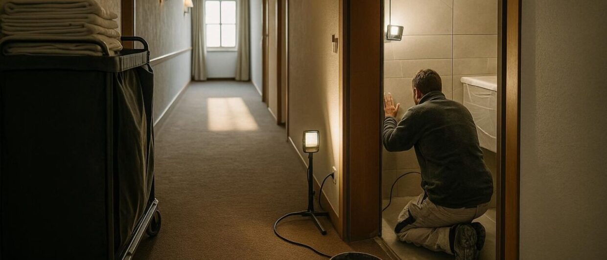 Handwerker inspiziert frisch gefliestes Bad im Alpenhof Murnau, Korridor mit Baustellenlicht