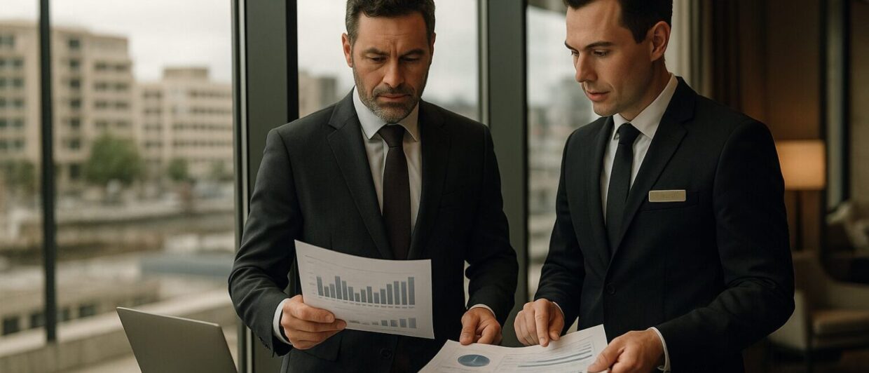 Investor und Hotelmanager besprechen Unterlagen vor Panoramafenster mit Stadtblick