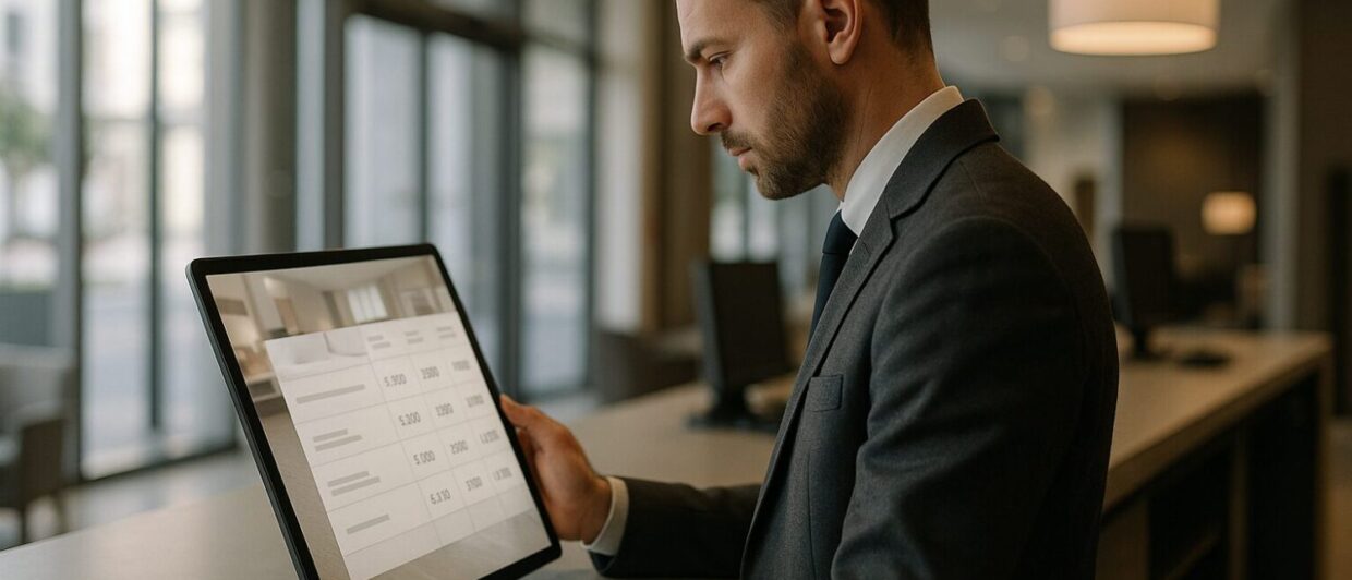 Hotelmitarbeiterin prüft Buchungspreise auf einem Tablet an der Rezeption eines modernen Hotels