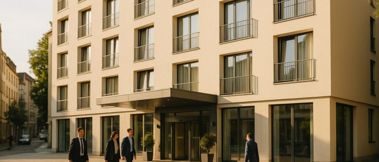 Außenansicht eines modernen Stadthotels in einer deutschen Mittelstadt mit Hoteleingang und Reisenden im Vordergrund