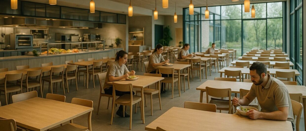 Modernes Mitarbeiterrestaurant mit 560 Sitzplätzen im Europa-Park Rust – Blick in den Speisesaal mit integrierter Zentralküche