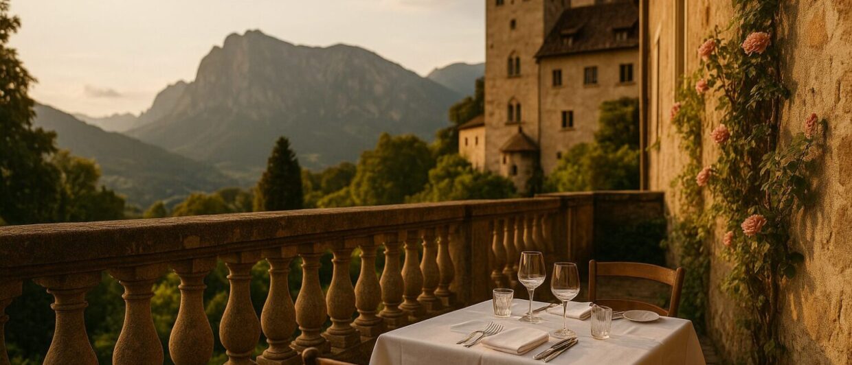 Terrasse des Castel Fragsburg mit gedecktem Tisch und Blick auf den Hotelgarten und die Dolomiten