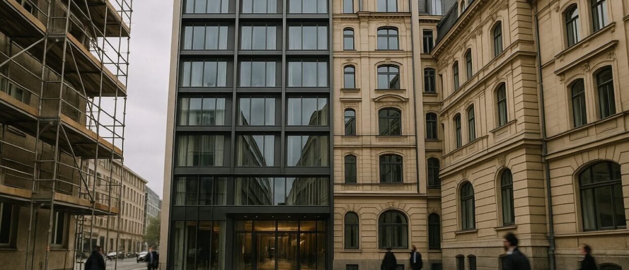 Modernes Hotelgebäude neben einem Bestandsgebäude im Umbau in einer deutschen Großstadt