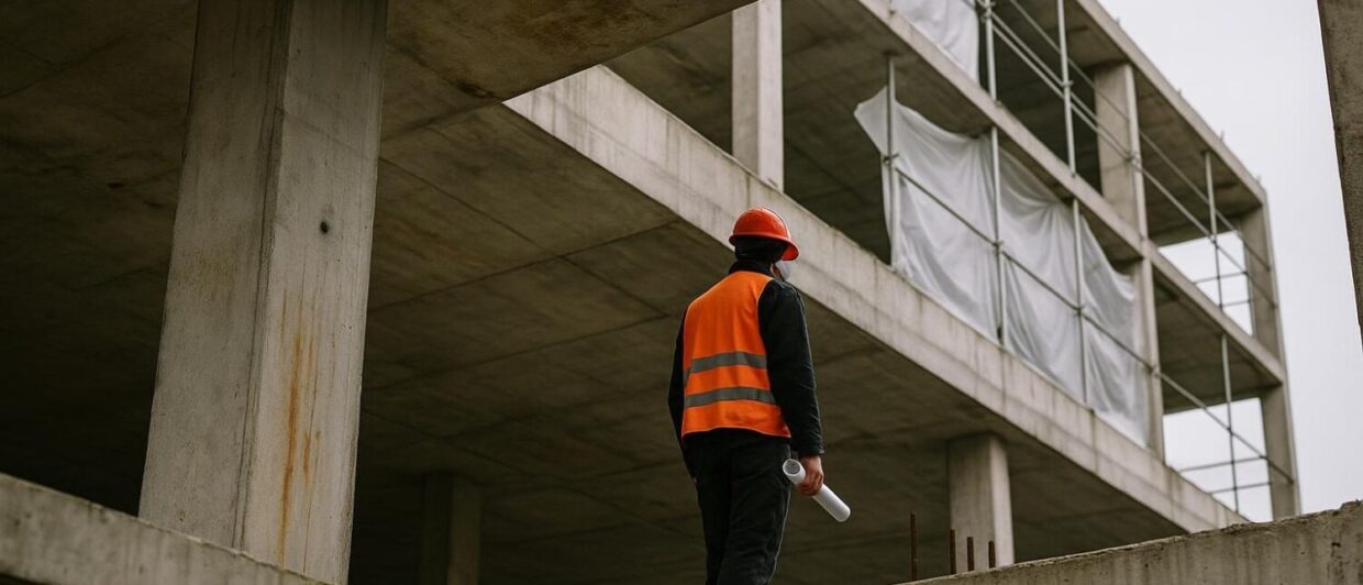 Rohbau in Kassel: Bauarbeiter mit Planrolle auf unfertigem Stockwerk, freistehende Betonstützen im Gegenlicht