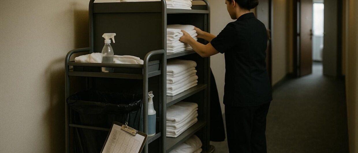 Housekeeping-Wagen im Hotelflur, Mitarbeiterin von hinten greift nach Handtüchern, Zimmertür steht offen