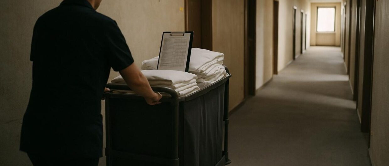 Housekeeping-Wagen im Korridor des ehemaligen Bayerhauses am Eschenheimer Tor, Frankfurt, Renovierungsvorbereitungen