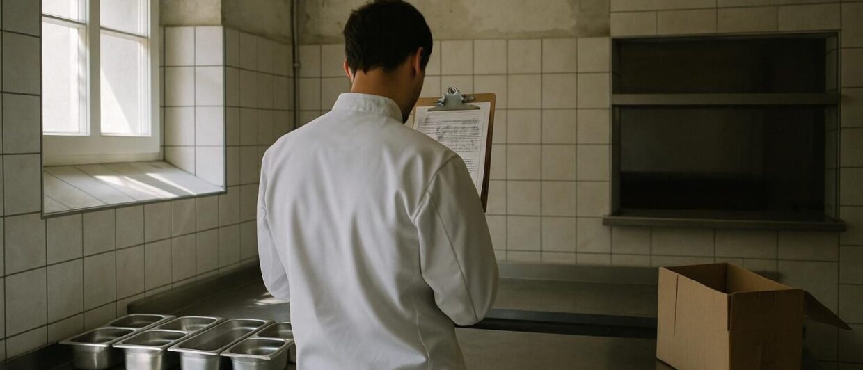 Koch blickt auf Dienstplan mit Streichungen in leerer Brasserie-Küche des Florhof Zürich