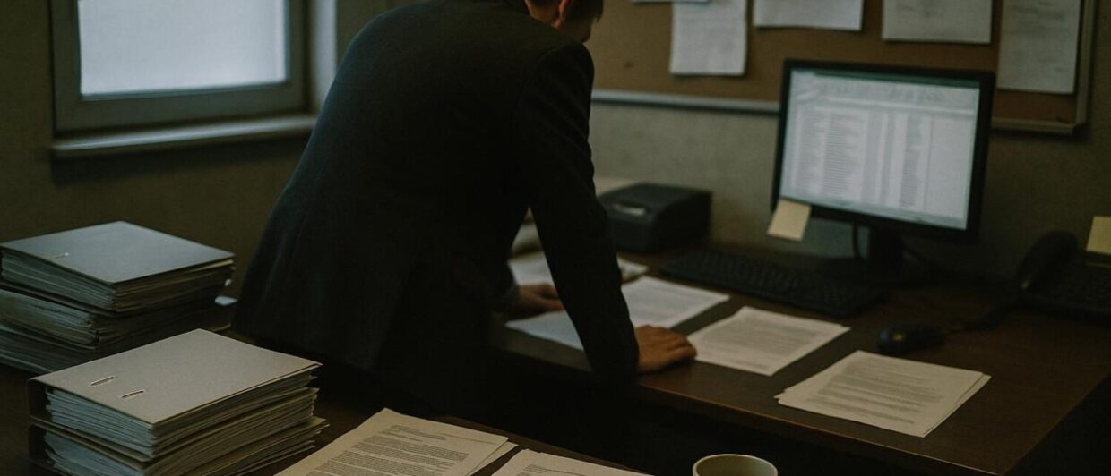 Hotelbackoffice mit Dokumentenstapeln, Person von hinten über Schreibtisch gebeugt, Abenddämmerungslicht
