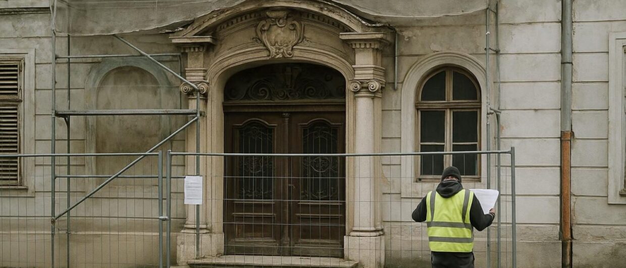 Verwitterte Fassade des seit Jahren leerstehenden Grand Hotel Sauerhof in Baden bei Wien, Bauabsperrung im Vordergrund