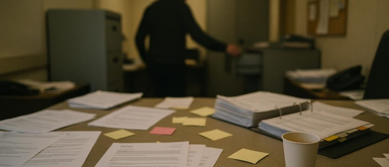 Überladener Hotelback-Office-Schreibtisch mit Druckdokumenten, Person mit Rücken zur Kamera am Aktenschrank