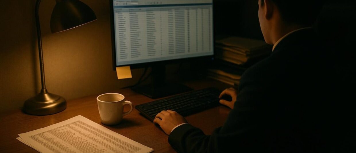 Hotelmitarbeiterin am beleuchteten Schreibtisch mit ausgedruckter Gästeliste und leuchtendem Datenbankmonitor im Backoffice