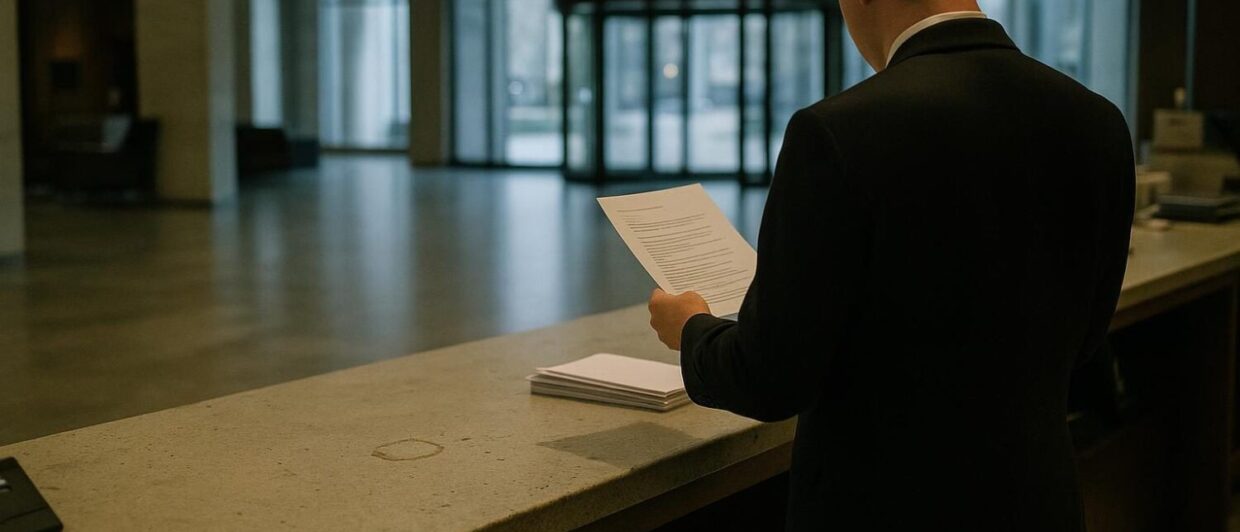 Hotelangestellter liest Dokument an der Rezeption des Hilton Frankfurt City Centre, leere Lobby am Morgen