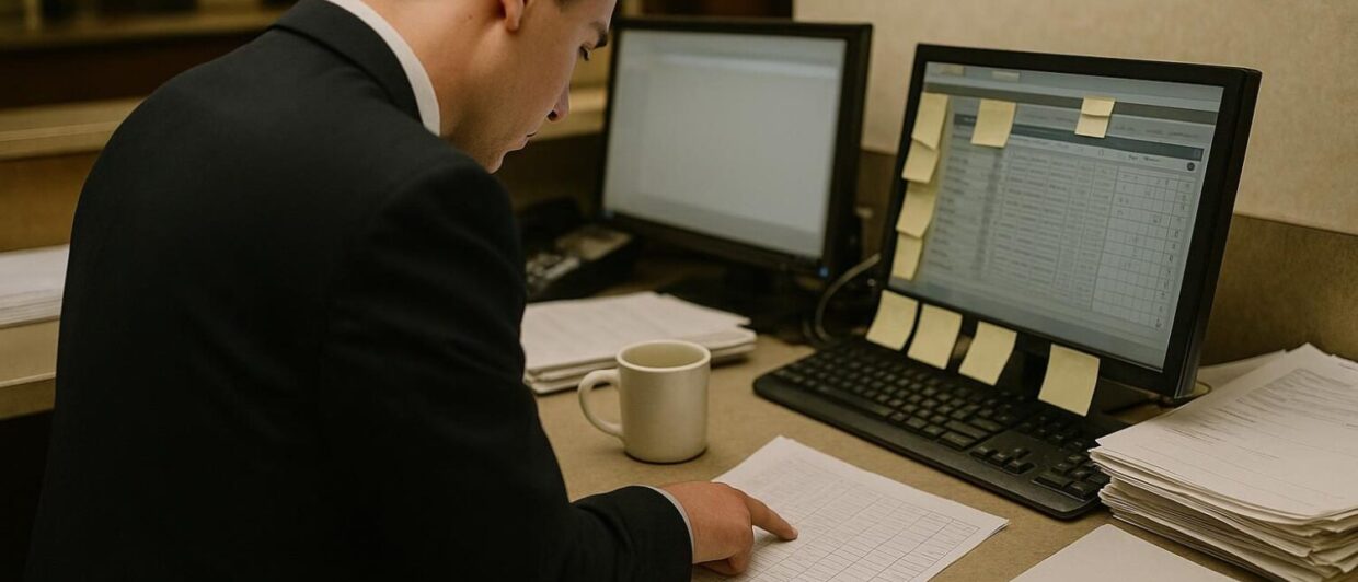 Hotelrezeptionist von hinten am Backoffice-Tresen, Finger auf ausgedruckter Liste, vollgeschriebener Monitor