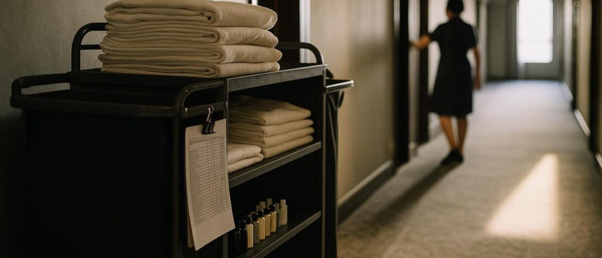 Housekeeping-Wagen mit Wäsche und Zetteln im Hotelflur, Mitarbeiterin von hinten im Hintergrund