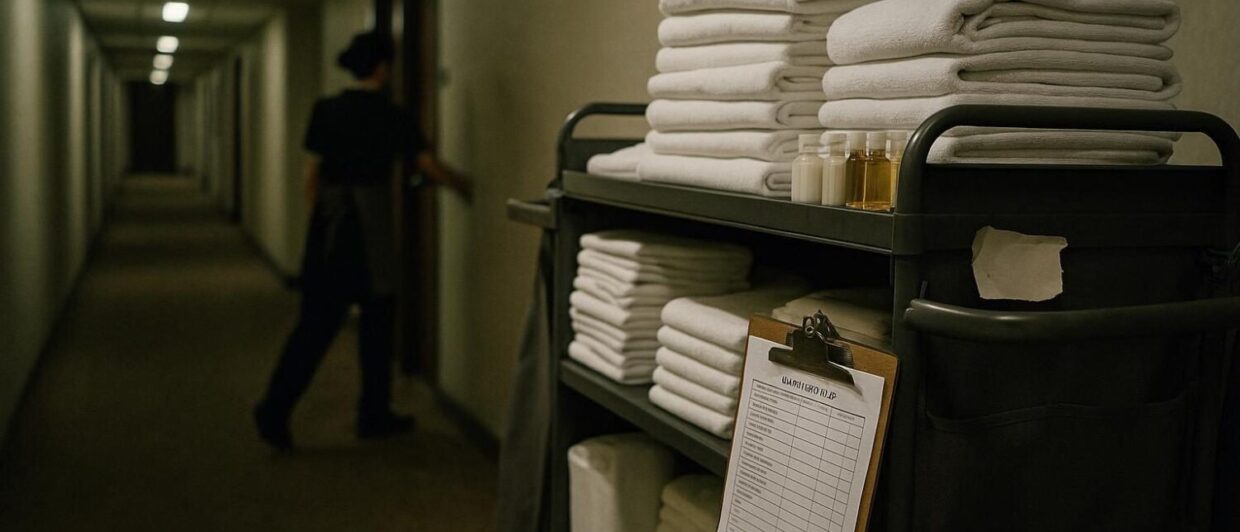 Housekeeping-Wagen mit Clipboard im Hotelflur, Mitarbeiterin von hinten schließt Zimmertür