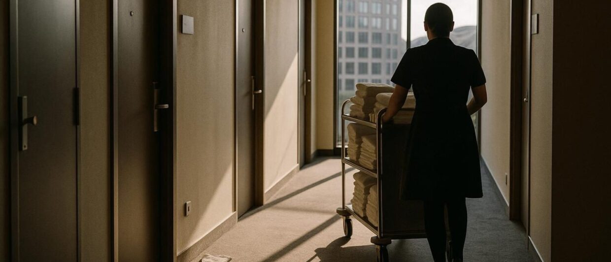 Housekeeping-Mitarbeiterin schiebt Servicewagen durch Hotelkorridor, im Hintergrund Bahnhofsgebäude Leipzig