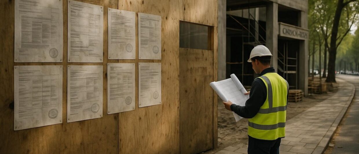 Bauzaun am Carsch-Haus-Ensemble in Düsseldorf, Bauarbeiter mit Plänen, Rohbau im Hintergrund