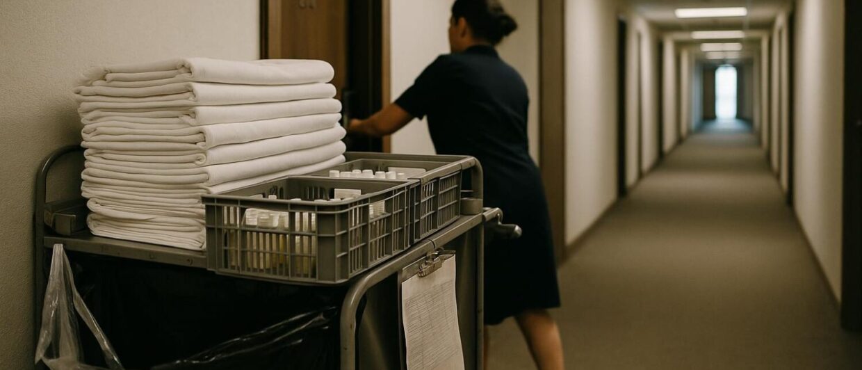 Housekeeping-Wagen im Hotelkorridor, Mitarbeiterin von hinten öffnet eine Zimmertür