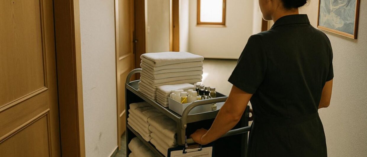 Housekeeping-Mitarbeiterin schiebt Wagen mit Handtüchern und Checkliste durch einen Hotelgang, Zillertal.