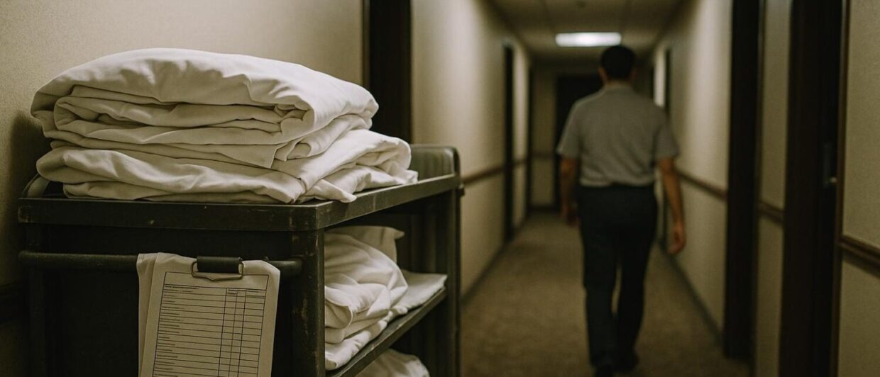 Abgestellter Housekeeping-Wagen im Hotelflur, im Hintergrund eine Mitarbeiterin von hinten, zwei Zimmertüren offen