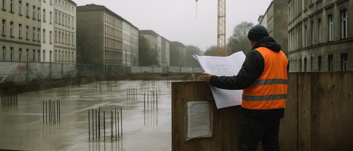 Baustelle Prinzessinnenstraße Kreuzberg: Rohbaugrundstück mit Bewehrungsstahl, Arbeiter prüft Bauplan am Bauzaun