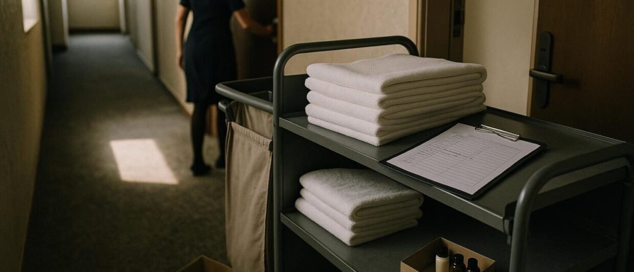 Housekeeping-Wagen mit Clipboard im Korridor eines Serviced-Apartment-Hauses, Mitarbeiterin von hinten