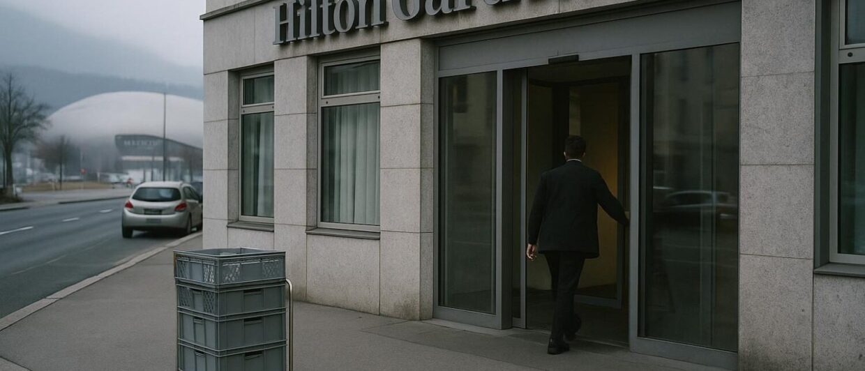 Hilton Garden Inn Innsbruck, Aussenansicht am Morgen, Mitarbeiterin öffnet Eingangstür von innen, Olympiaworld im Hintergrund