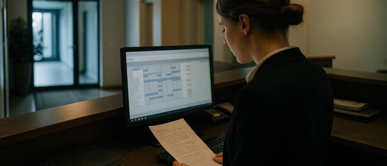 Frau an Hotelrezeption prüft Checkliste, Morgenlicht, Erding