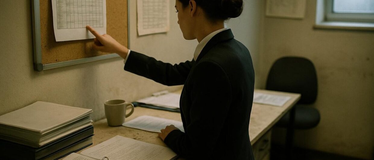 Auszubildende im Hotelbackoffice prüft Ausbildungsplan an Pinnwand, unaufgeräumter Schreibtisch, Mischlich