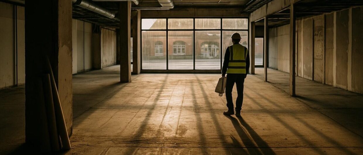 Leerstehende Ladenpassage im City Center Bad Oeynhausen, Rohbauzustand, Arbeiter mit Bauplan von hinten