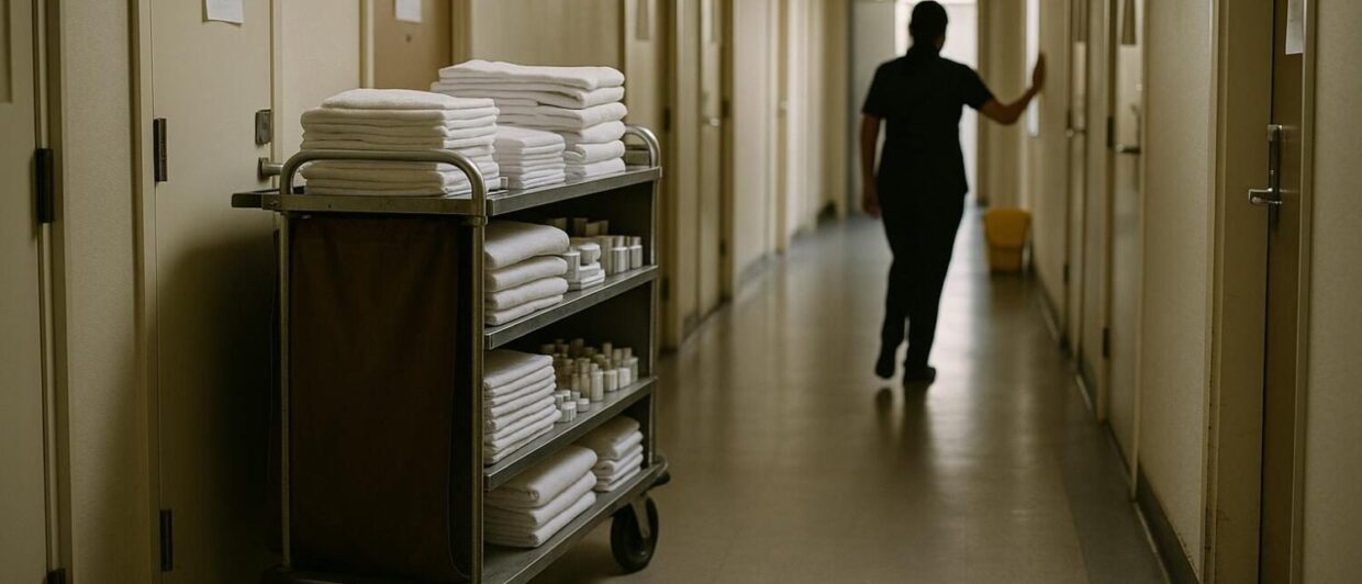 Housekeeping-Wagen mit Bettwäsche im Hotelflur, Mitarbeiterin von hinten an offener Zimmertür