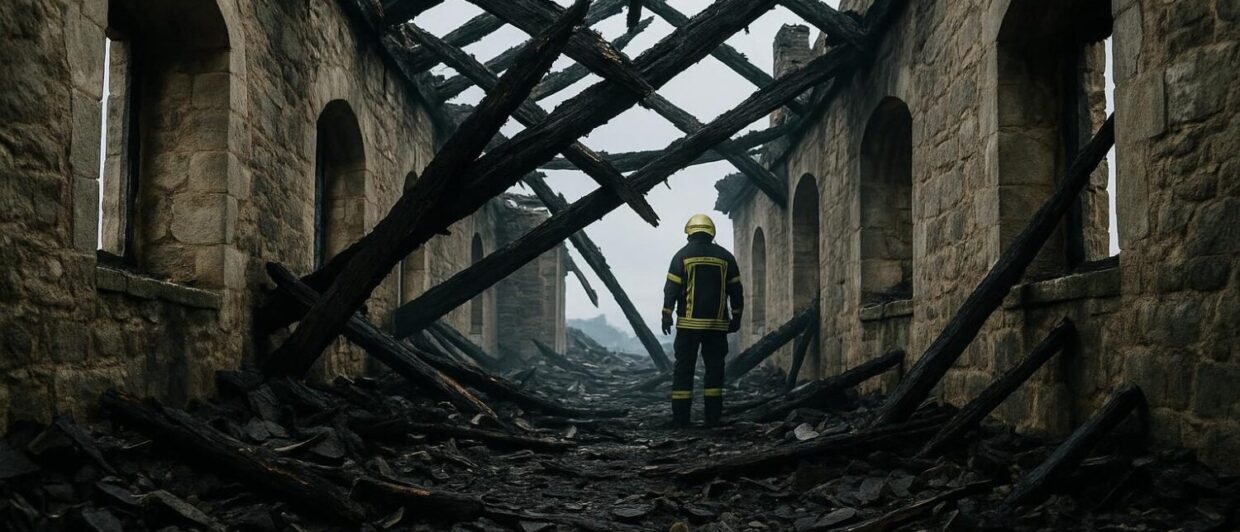 Verbrannter Dachstuhl von Schloss Wallhausen, Feuerwehrmann von hinten im Trümmerkorridor, Morgen nach dem Brand
