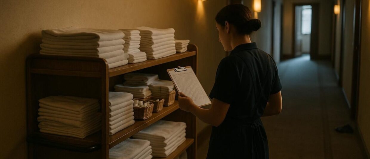 Housekeeping-Wagen im Hotelflur, Mitarbeiterin von hinten prüft Zimmerliste, Morgenlicht