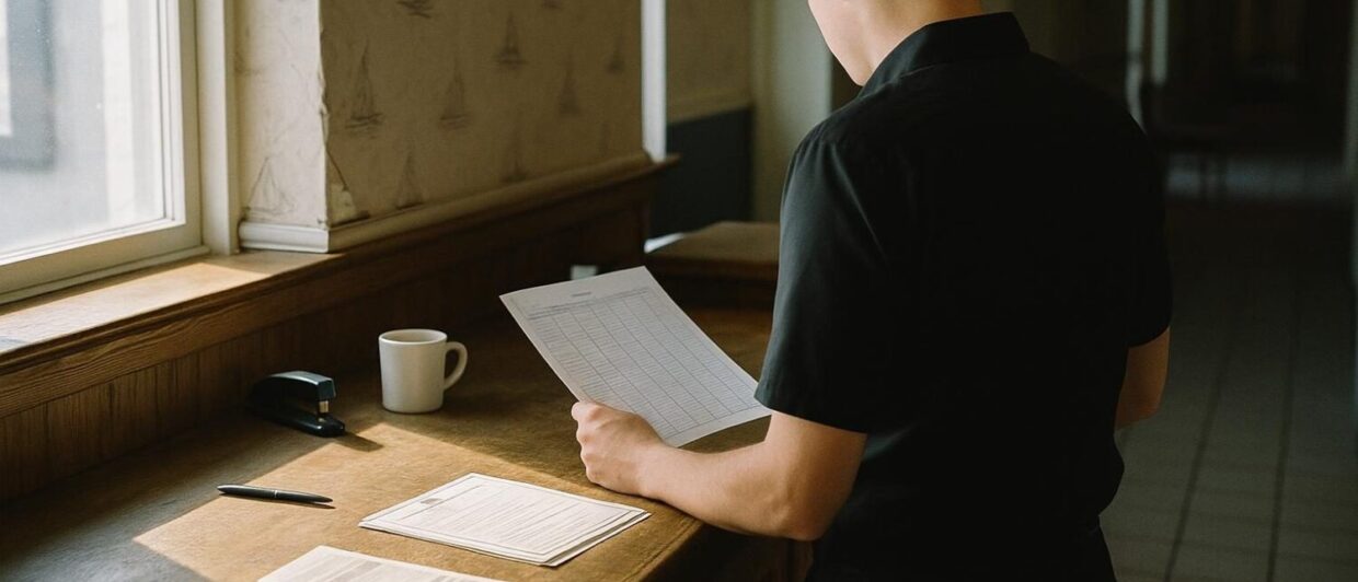 Hotelmitarbeiter prüft Belegungsliste an Rezeptionstheke, Morgenlicht, Küstenhotel
