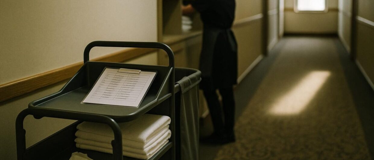 Housekeeping-Wagen mit Zimmerliste im Hotelflur, Mitarbeiterin von hinten greift in Wäscheregal