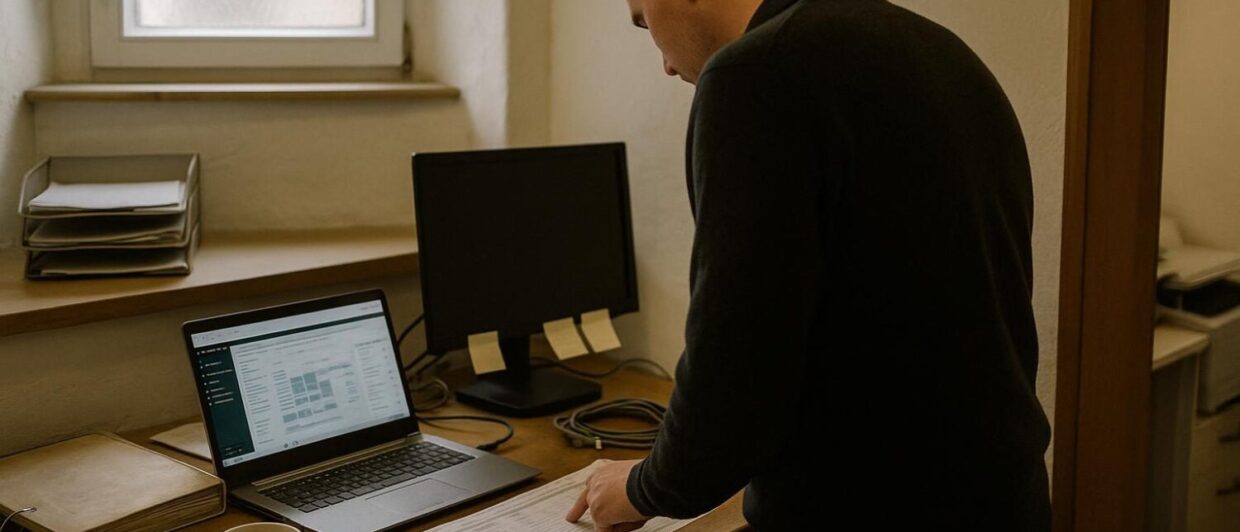 Hotelangestellter im Backoffice prüft Ratenübersicht neben Laptop mit PMS-Dashboard, Wien
