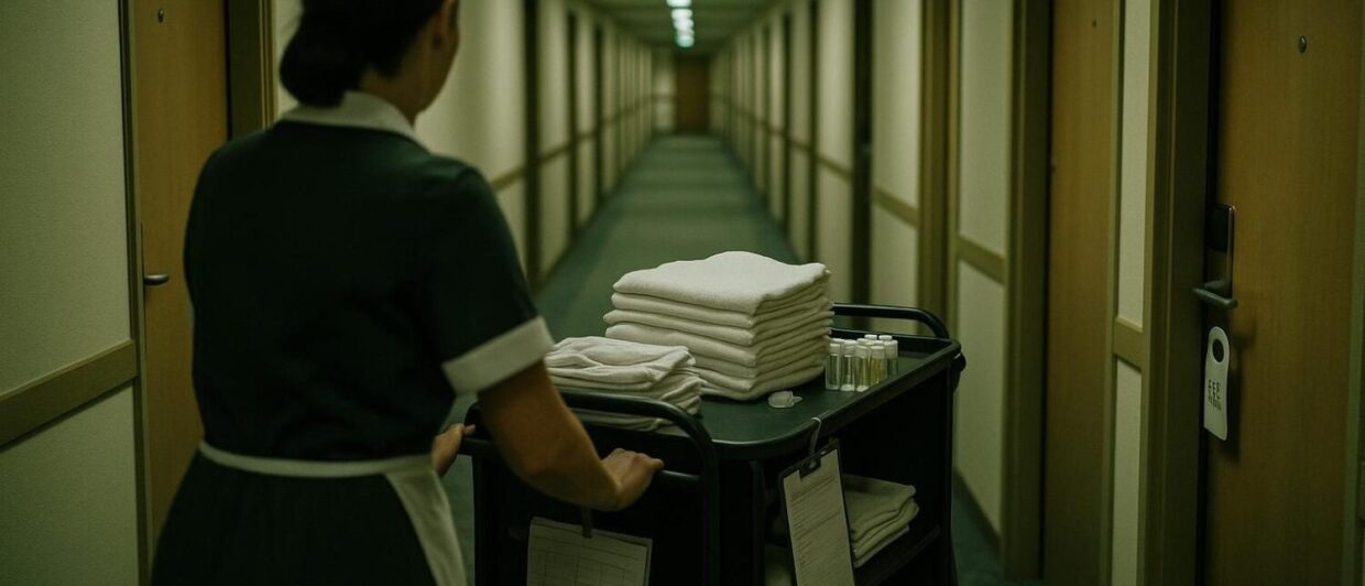 Housekeeping-Wagen im Hotelkorridor, Mitarbeiterin von hinten, Türen mit Nummern, Morgenlicht
