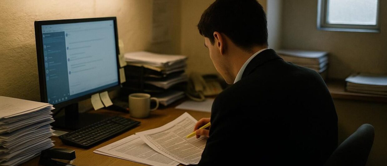 Hotelmitarbeiter von hinten am Büroschreibtisch, markiert Checkliste neben laufendem Chat-Interface auf Monitor