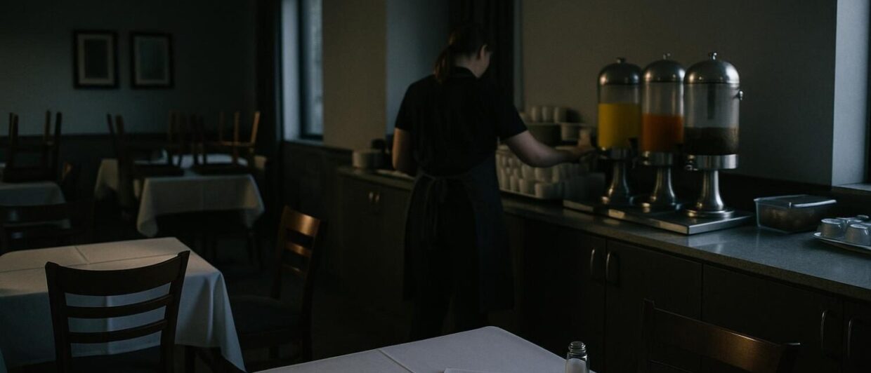 Frühstücksraum eines Hotels kurz vor Öffnung: Mitarbeiterin richtet Saftspender, Stühle noch hochgestellt.