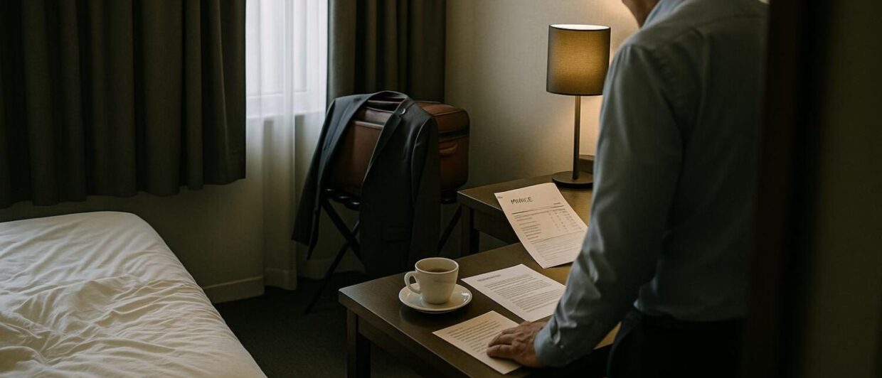 Geöffneter Koffer, Hotelrechnung und Kaffeebecher auf Schreibtisch im Geschäftsreisezimmer, Morgen