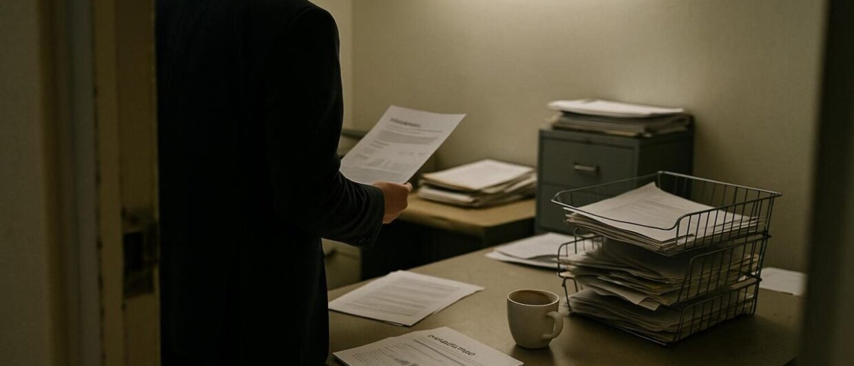 Unaufgeräumtes Backoffice eines Hotels: Schreibtisch mit Dokumentenstapel, Person von hinten, Neonlicht