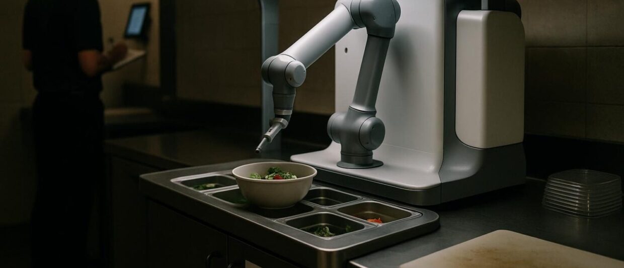 Küchenroboter luca bereitet Bowl zu, Hotelküche Leonardo Smart Vienna Airport, Abendlicht