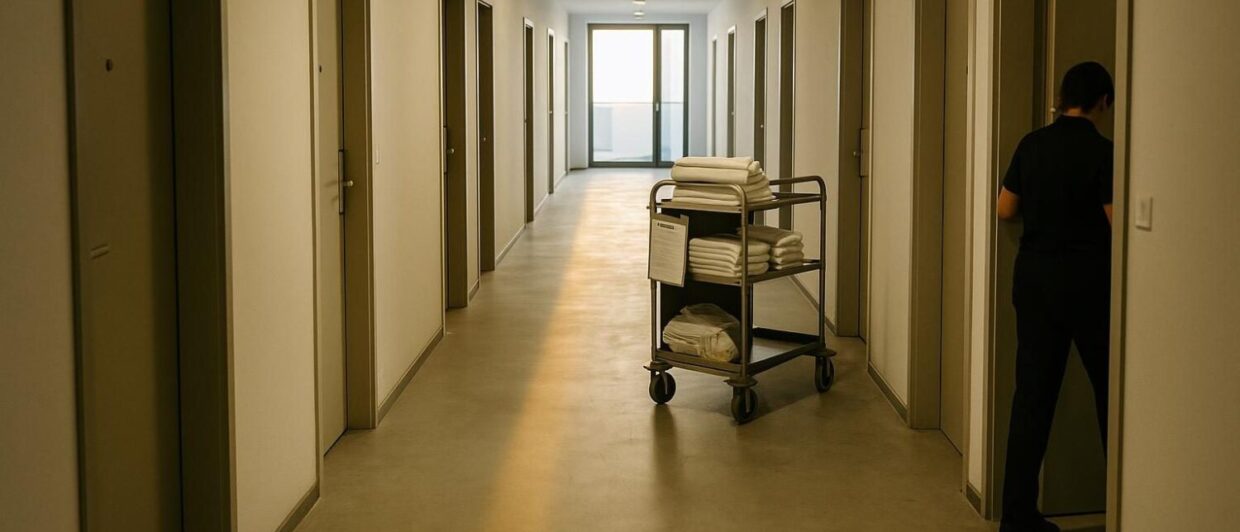 Housekeeping-Wagen im Flur eines neuen Serviced-Apartment-Hauses im Wiener Nordbahnviertel, Morgenlicht